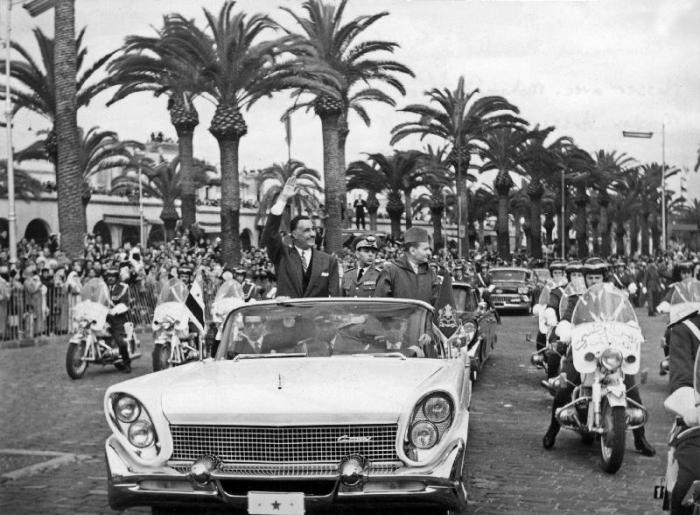 Egyptian President Gamal Abdel Nasser with King Mohamed V of Morocco and his son Moulay Hassan in Ca van 
