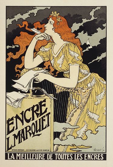 Encre L. Marquet, La Meilleure de Toutes les Encres. Advertisement for Marquet ink, illustration by  van 
