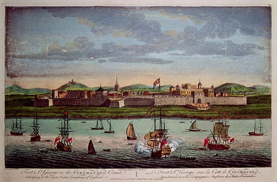 Fort St. George, Coromandel Coast, India. Coloured engraving by I Van Ryne van 