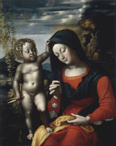 G.F.Caroto, Maria mit Kind und Naeharbeit van 