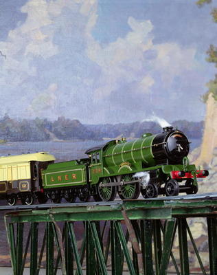 Hornby L.N.E.R. `Yorkshire' locomotive pulling a Pullman coach `Iolanthe', English van 