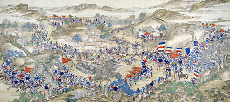 Large Handscroll Painted In Ink And Colours On Silk Depicting A Battle Scene van 