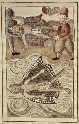MS. Laur. Med. Palat. 220 f.447 The bodies of Montezuma and Itzquauhtzin are cast out of the palace van 