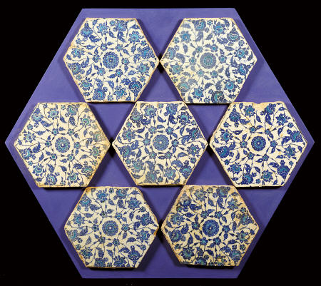 Seven Iznik Blue And White Hexagonal Pottery Tiles, Circa 1540 van 
