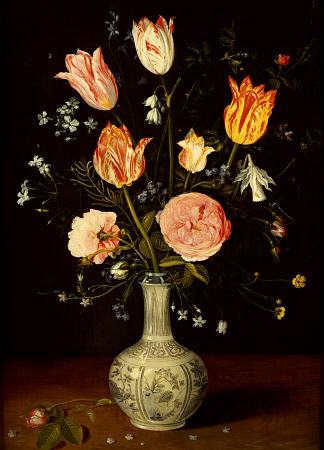 Tulips, Roses,  Forget-Me-Nots And Other Flowers In A Late Ming Blue And White Vase van 