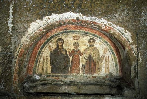 Tympanum depicting the family of the bishop Theotecnus, 5th-6th century AD (mosaic) van 