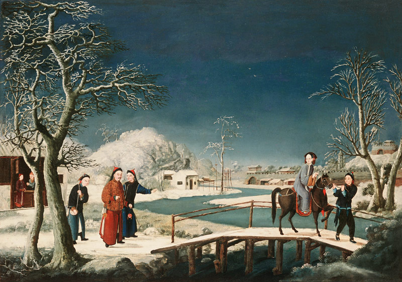 Winter: A Frozen River Landscape With A Lady On A Horse Crossing A Bridge van 