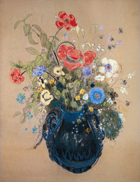 Blumenstrauss in blauem Krug van Odilon Redon