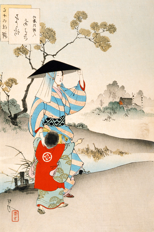 Woman and child (colour print) van Ogata Gekko