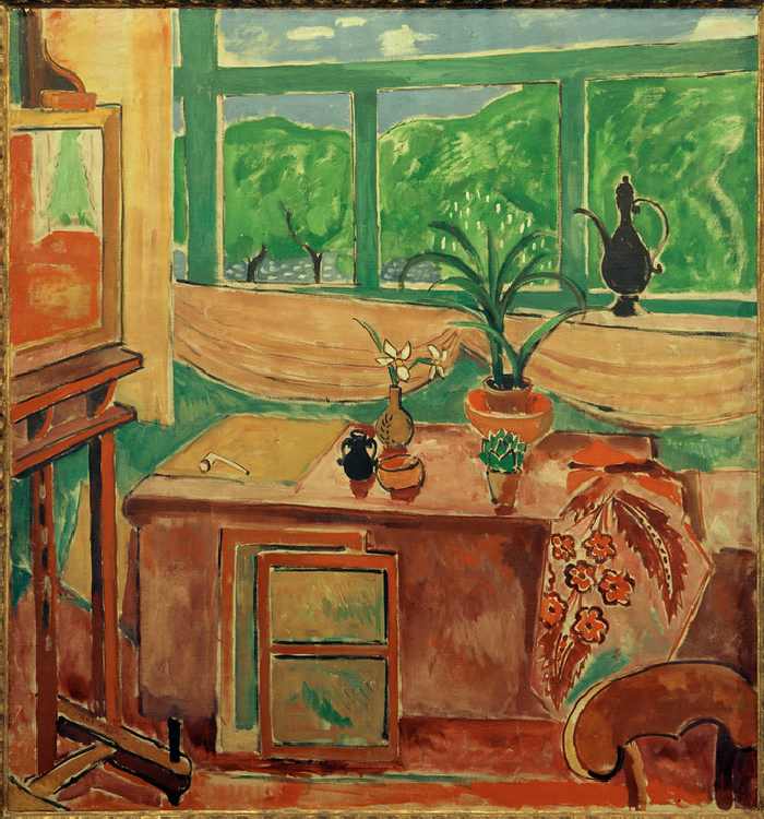 Studio still-life with iris and many– paned window van Oskar Moll