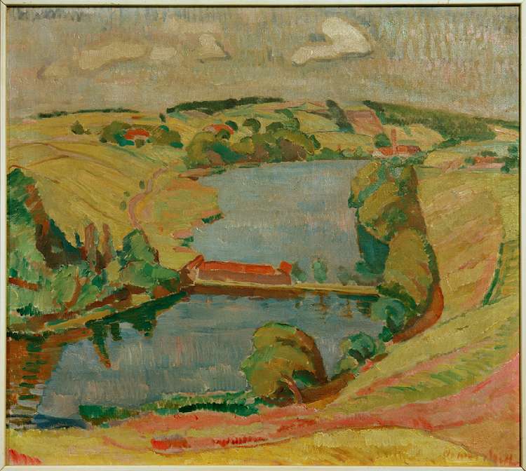 Landscape at Ebersberg with lake van Oskar Moll