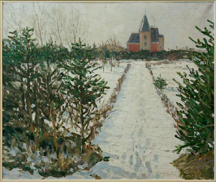 Snow-Covered Landscape with Castle / Church van Oskar Moll