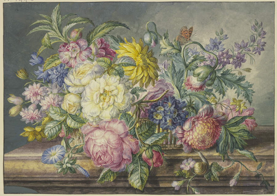 Blumenstrauß in einem Korb, dabei eine Schnecke und ein Schmetterling van Oswald Wijnen