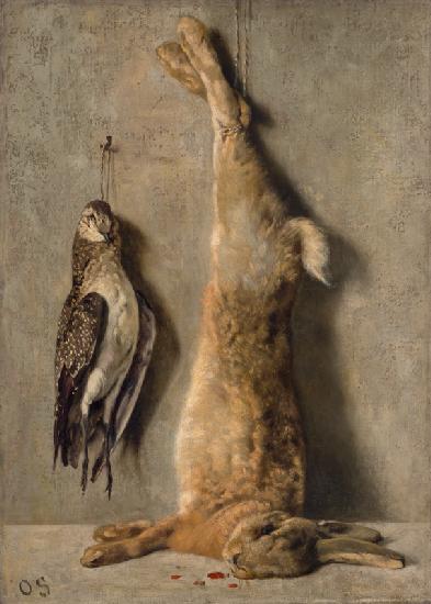 Still Life with Dead Hare and Guinea Fowl in Front of a Grey Wall