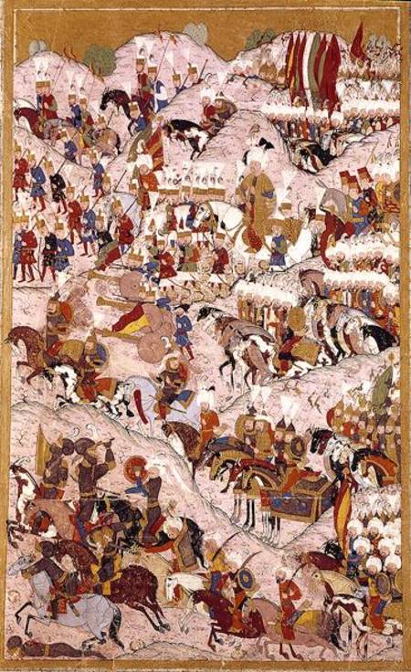 TSM H.1524 'Hunername' manuscript: Suleyman the Magnificent (1494-1566) at the Battle of Mohacs in 1 van Ottoman School