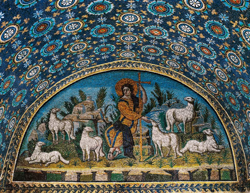 Der gute Hirte, Mosaik der Lünette über der Eingangstür des Mausolee der Galla Placidia, um 425 (Mos van Paleo-Christian