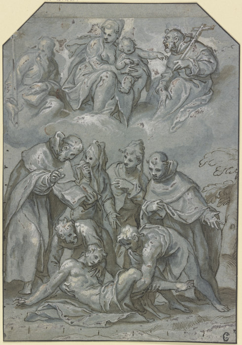 Bergung eines Jünglings in Anwesenheit von zwei Mönchen und zwei Frauen, darüber in Wolken die Madon van Paolo Farinati
