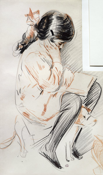 Paulette Reading Sitting on her Toy Dog (coloured pencil on paper) van Paul Cesar Helleu