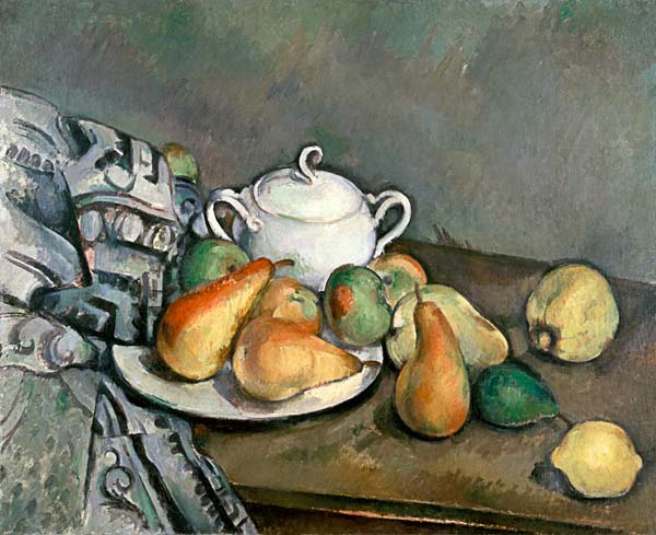 Sugar bowl,apples a.cloth van Paul Cézanne