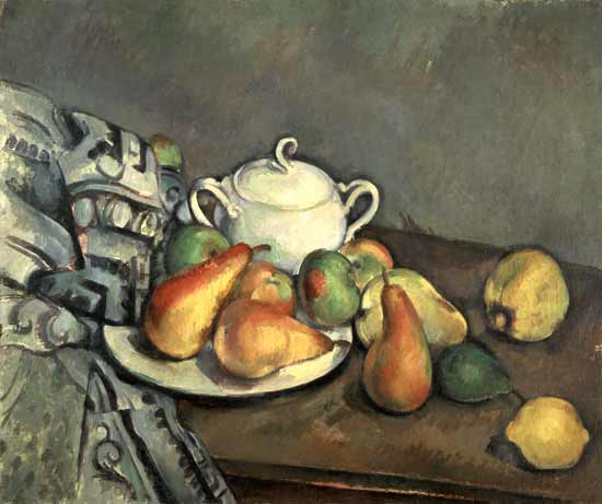 Stillleben mit Zuckerdose, Birnen und Tischdecke van Paul Cézanne