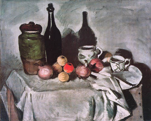 Stilleben mit Früchten und Geschirr van Paul Cézanne