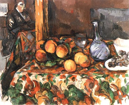 Stilleben mit Pfirsichen, Karaffe und Figur van Paul Cézanne