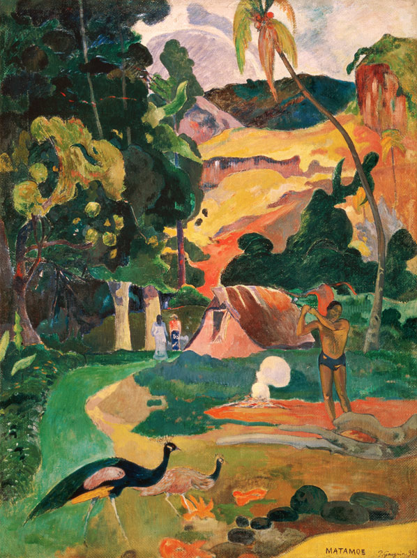 Landschap met pauwen (Metamoe) van Paul Gauguin