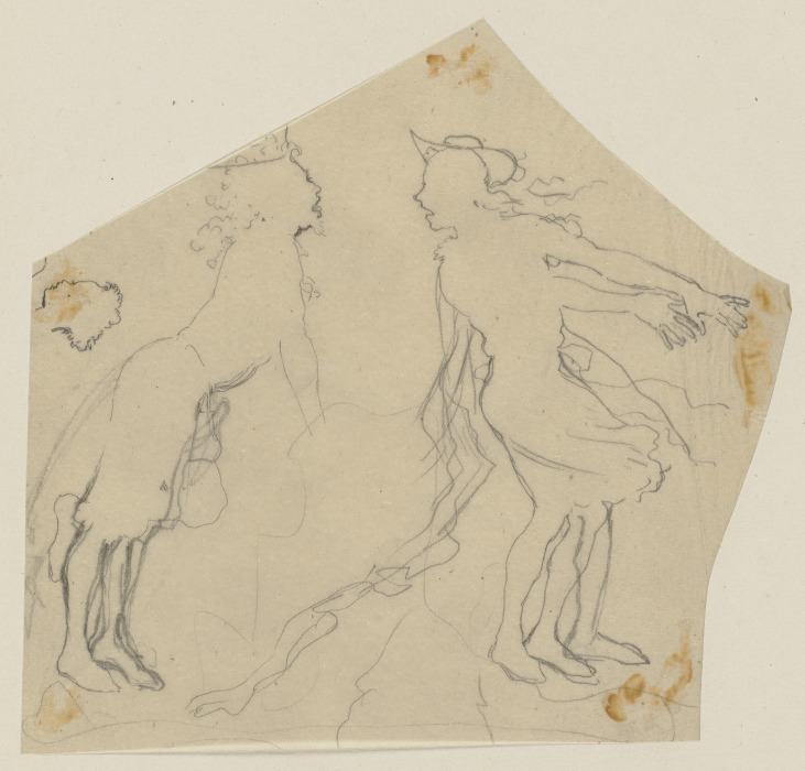 Der Löwe sowie Francis Flute als Thisbe (?) mit Hut und vom Wind bewegtem Rock, stehend, nach rechts van Paul Konewka