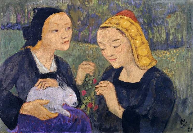 Zwei Mädchen mit einem Hasen van Paul Serusier