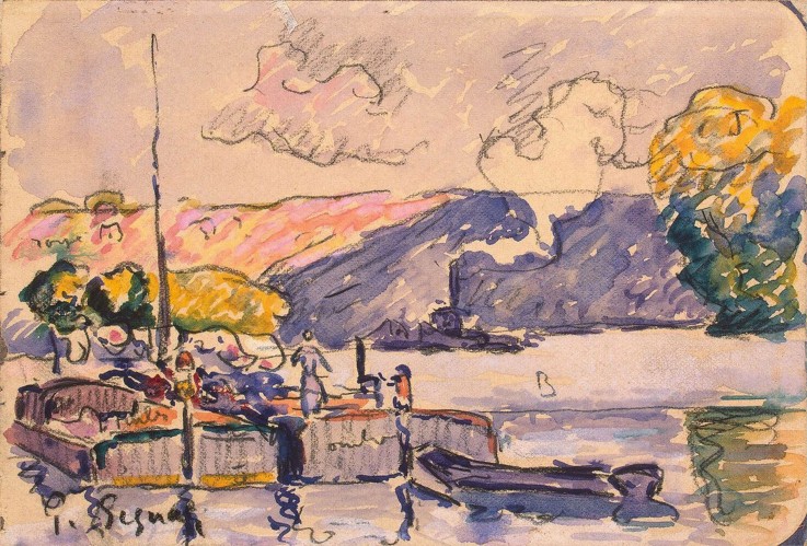 Two Barges, Boat, and Tugboat in Samois van Paul Signac
