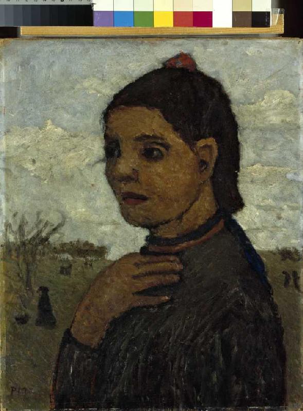 Brustbild eines italienischen Mädchens vor Landschaft van Paula Modersohn-Becker