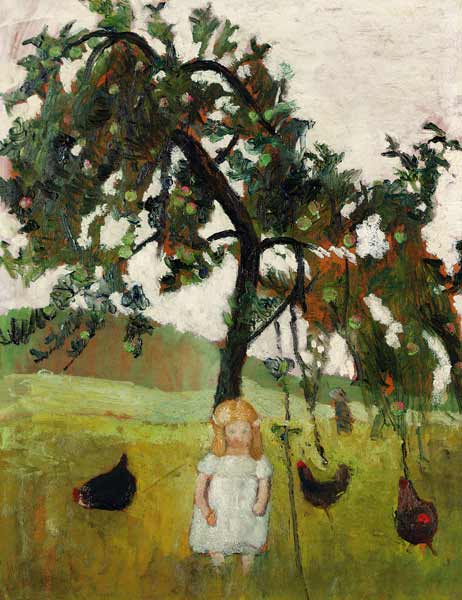 Elsbeth mit Hühnern unter Apfelbaum van Paula Modersohn-Becker