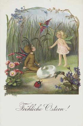 Easter greetings card depicting two fairies in a spring garden.