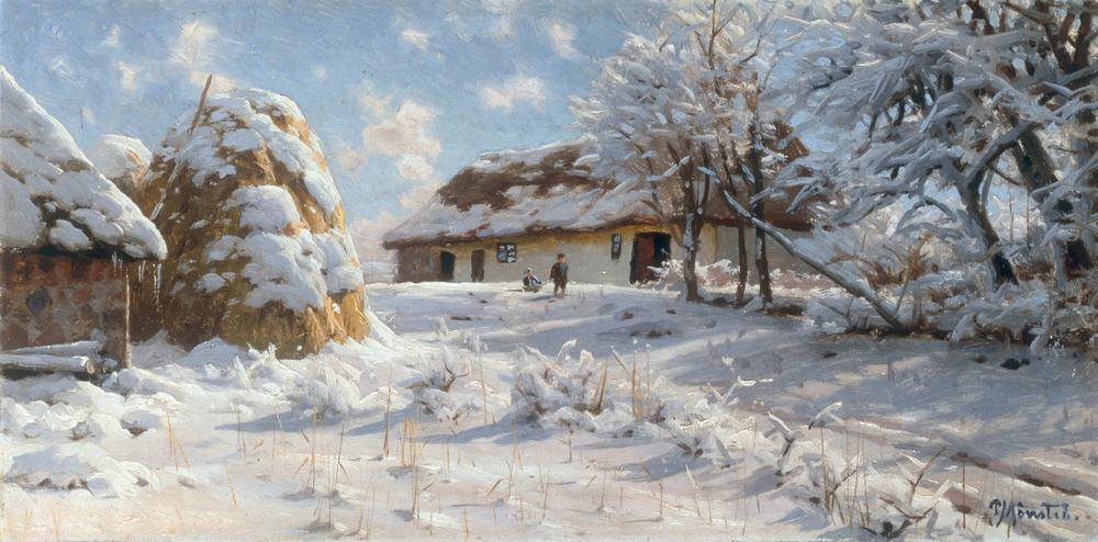 Village scene in snow with children tobogganing van Peder Moensted