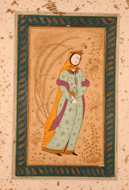 Girl holding a wine vessel and a pear, from the Large Clive Album van Persian School
