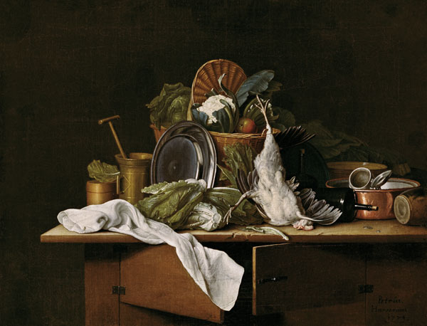 Stillleben mit Gemüse und totem Huhn van Peter Jakob Horemans