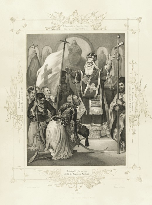 The Metropolitan Germanos raising the banner of freedom (From the Album of Greek Heroism) van Peter von Hess