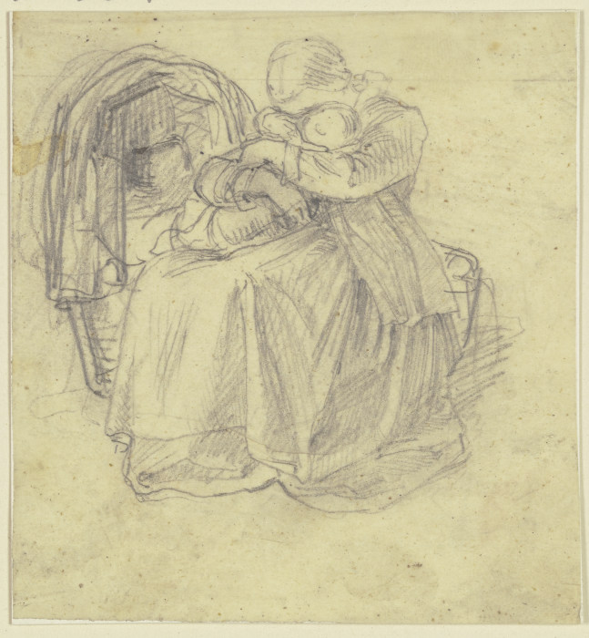 Ein Mädchen sitzt bei einer Wiege und hält mit beiden Armen umfaßt ein kleines Kind auf ihrem Schoß, van Philipp Rumpf