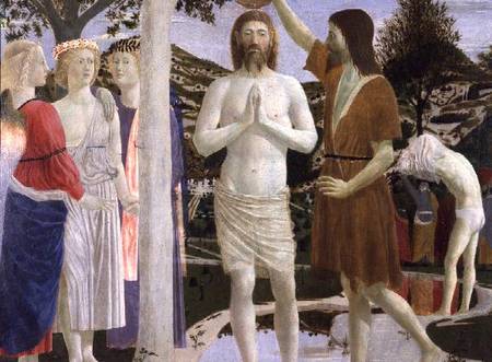 Baptism of Christ, detail of Christ, John the Baptist and angels van Piero della Francesca