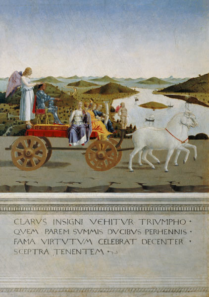 Von zwei Schimmeln gezog. Triumphwagen. Rückseite des Portr. Der Battista Sforza van Piero della Francesca