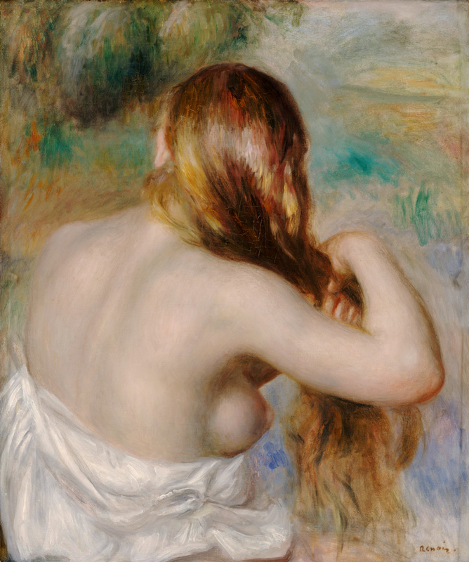 Blonde Braiding Her Hair van Pierre-Auguste Renoir