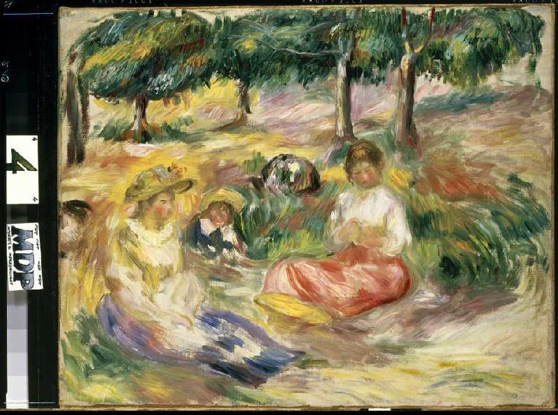 Drei junge Frauen im Grünen van Pierre-Auguste Renoir
