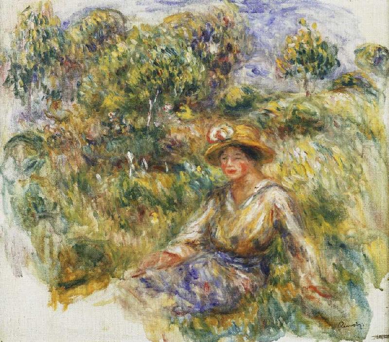 Frau mit blauem Hut auf einer Wiese (Femme en bleu en chapeau assise sur l'herbe) van Pierre-Auguste Renoir
