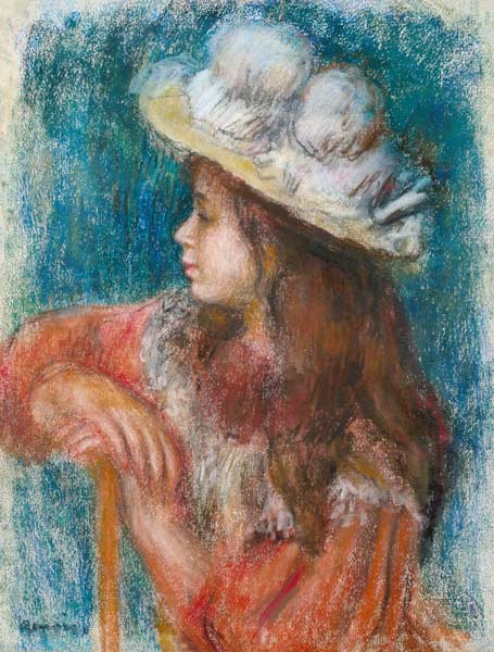 Seated Young Girl in a White Hat van Pierre-Auguste Renoir