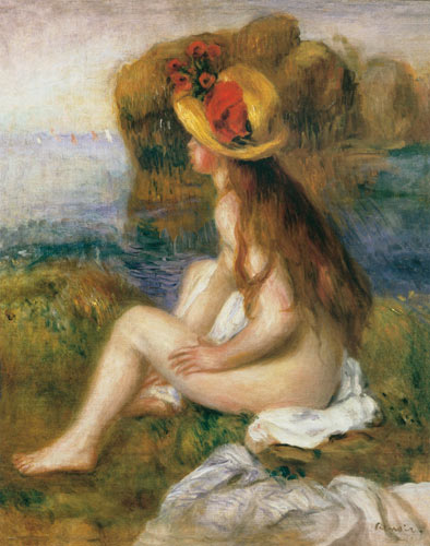 Seated female bather in a straw hat van Pierre-Auguste Renoir