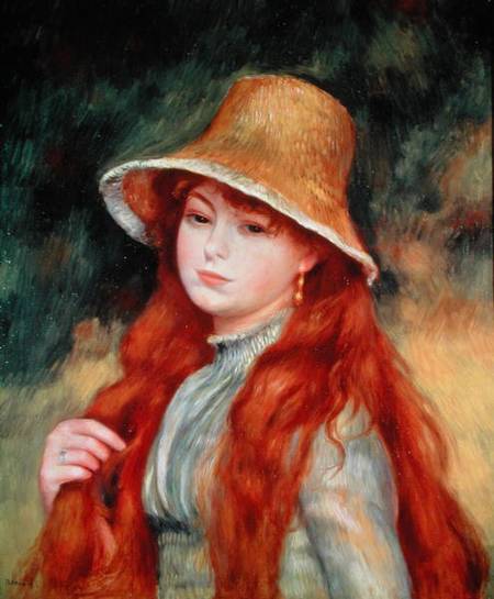 Young girl with long hair, or Young girl in a straw hat van Pierre-Auguste Renoir