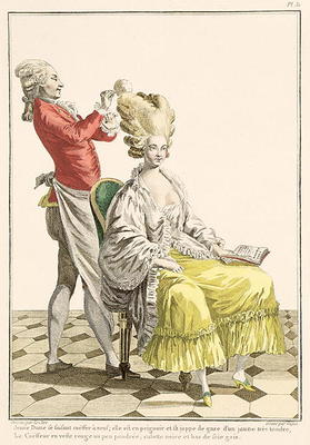 A Young Woman in a Peignoir with her Hairdresser, plate 31 from 'Galerie des Modes et Costumes Franc van Pierre Thomas Le Clerc