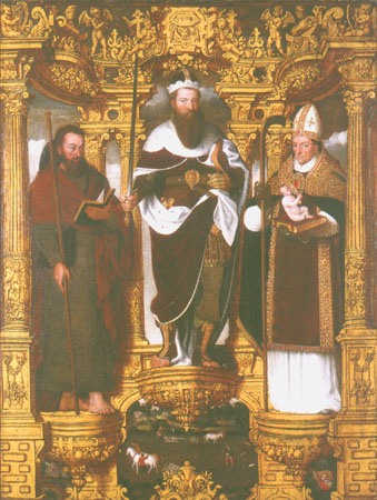 Die Heiligen Bravo, Jakobus und Willibrord van Pieter Claeissens d. J.