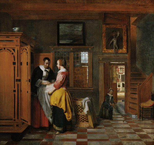Interior with Women beside a Linen Chest van Pieter de Hooch