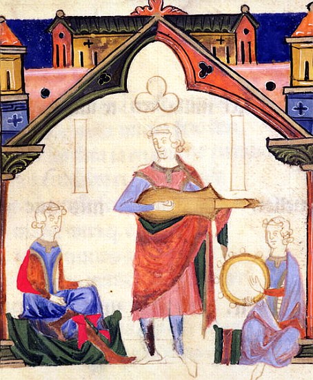 Fol.12v Musicians playing the guitar and tambourine, from the ''Chansonnier des Nobles'' van Portuguese School